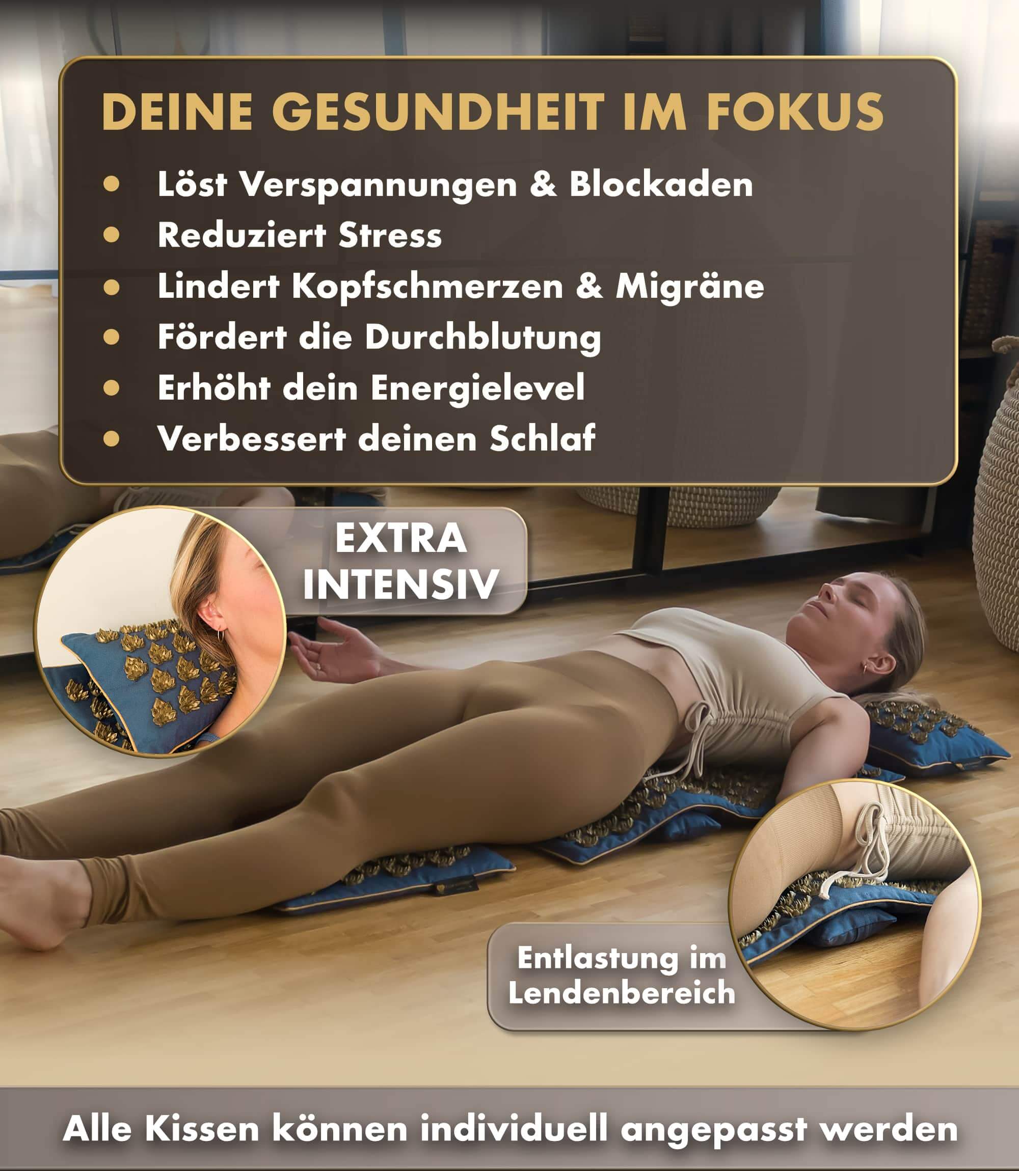 Akupressurmatte intensiv | MANDALA PRO 5er Set - blau - Nutzerin genießt Entspannung und Linderung von Verspannungen auf der Matte.
