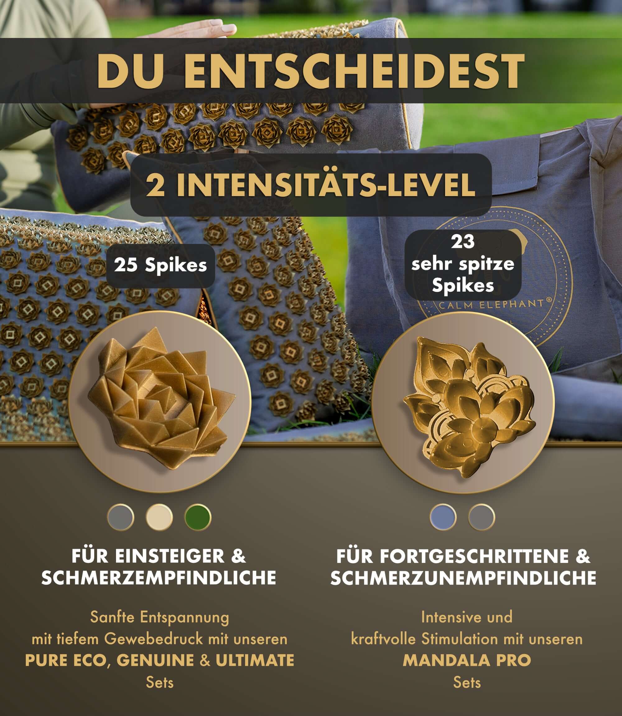 Akupressurmatte intensiv | MANDALA PRO ECO 3er Set - blau zeigt 2 Intensitätslevel für Einsteiger und Fortgeschrittene von CALM ELEPHANT.