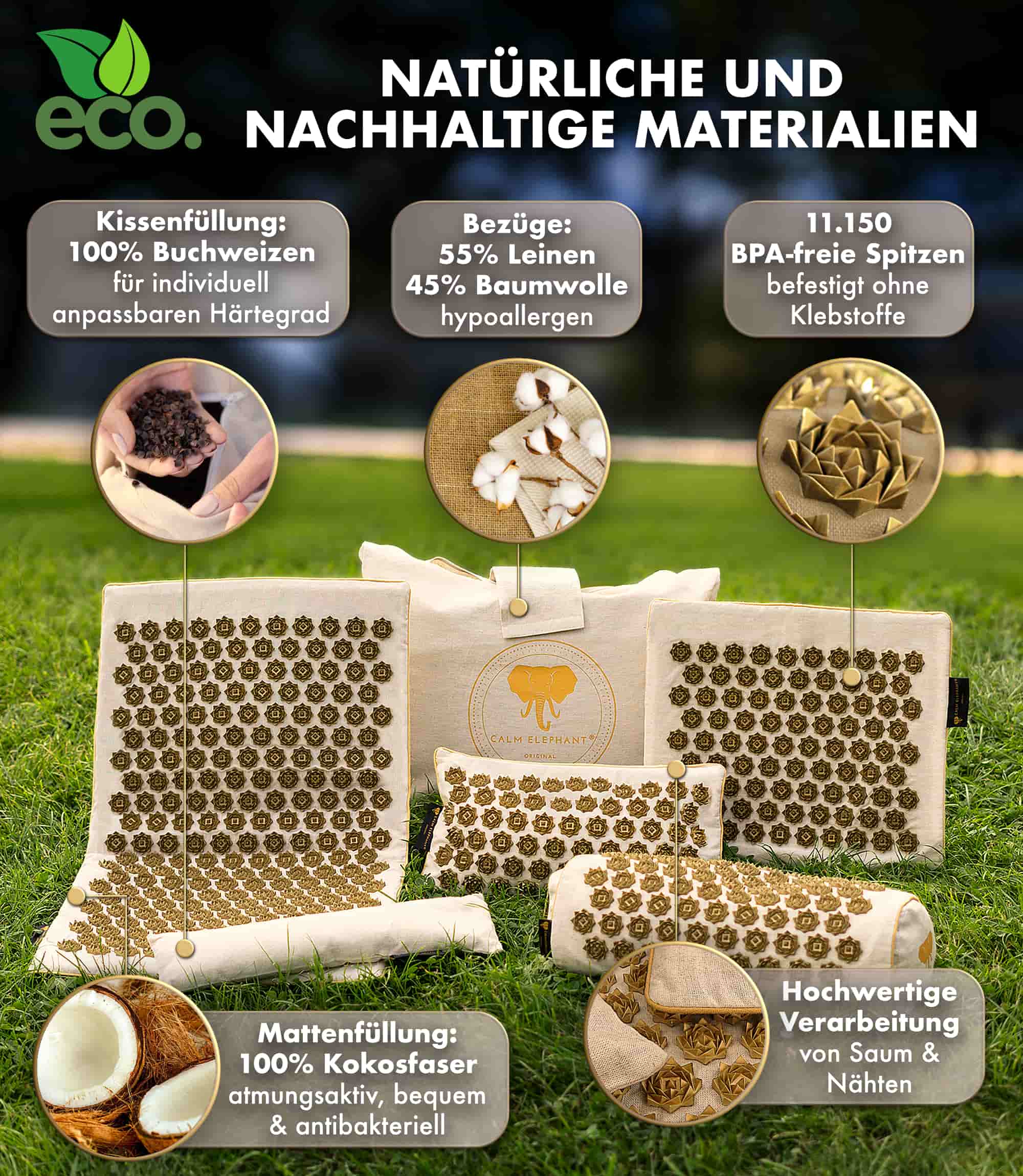 Akupressurmatte | ULTIMATE 6er Set - beige mit natürlichen und nachhaltigen Materialien, hochwertige Verarbeitung für Akupressur.